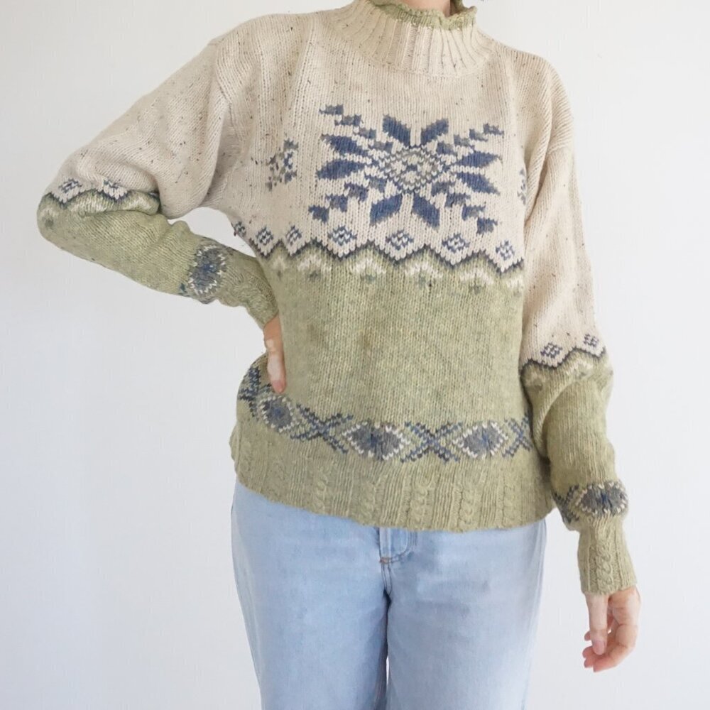 Vintage St Johns Bay Green Cream Fair Isle Snowflake Nordics Wool Knit Sweater L